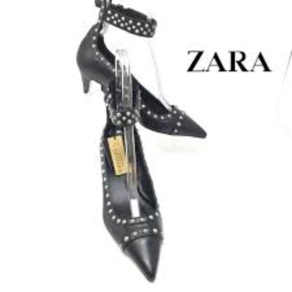 **ONE PAIR LEFT**Zara Leather Silver Studded Shoes - Picture 2 of 6